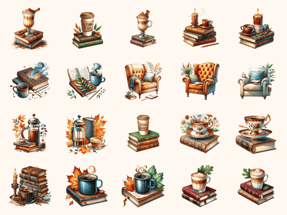 Coffee & Books Clipart All Bundles Clipart Line Art - WondersArtist