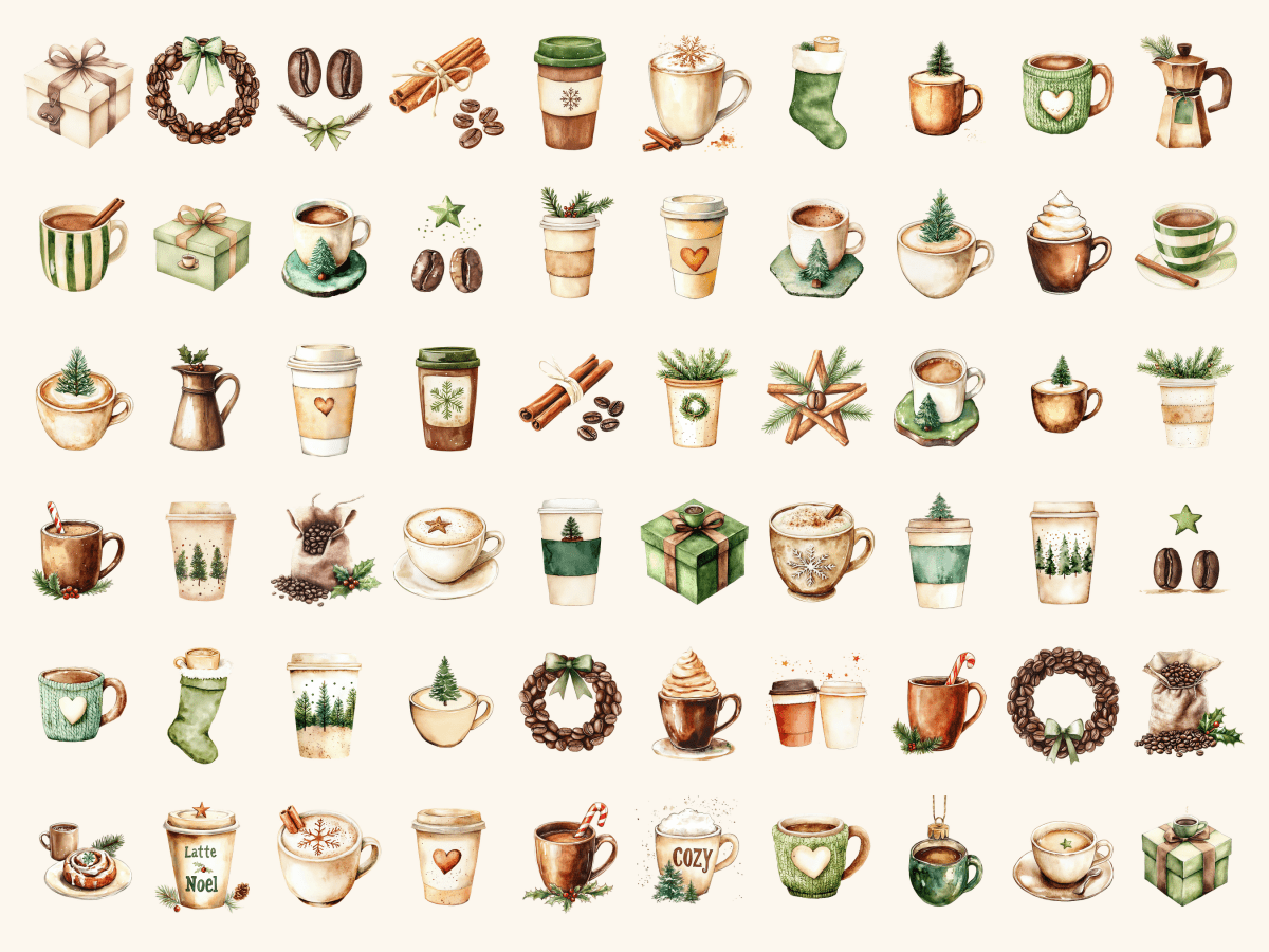 Coffee Christmas Watercolor Clipart All Bundles Clipart Line Art - WondersArtist