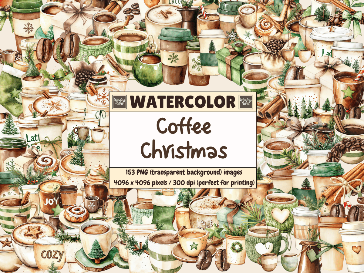 Coffee Christmas Watercolor Clipart All Bundles Clipart Line Art - WondersArtist