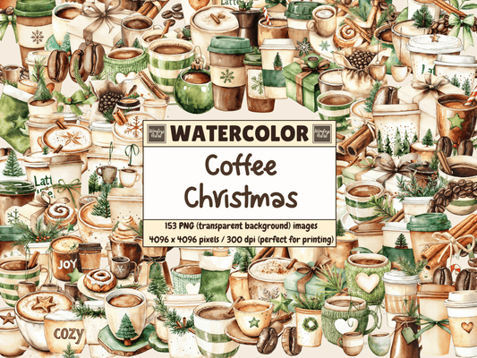 Coffee Christmas Watercolor Clipart All Bundles Clipart Line Art - WondersArtist