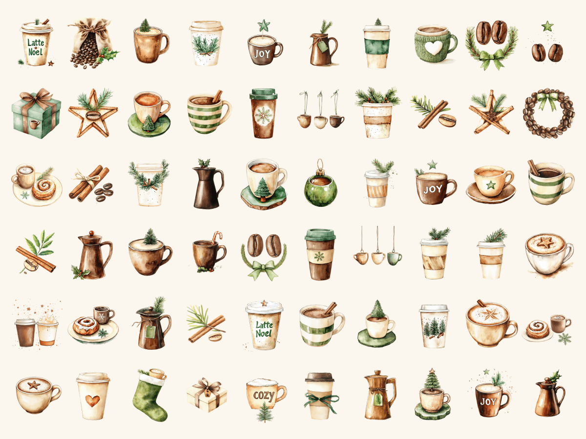 Coffee Christmas Watercolor Clipart All Bundles Clipart Line Art - WondersArtist