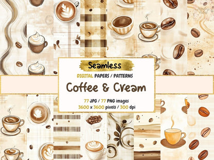 Coffee & Cream Seamless Pattern Digital Papers cafe digital coffee cream png coffee seamless - WondersArtist
