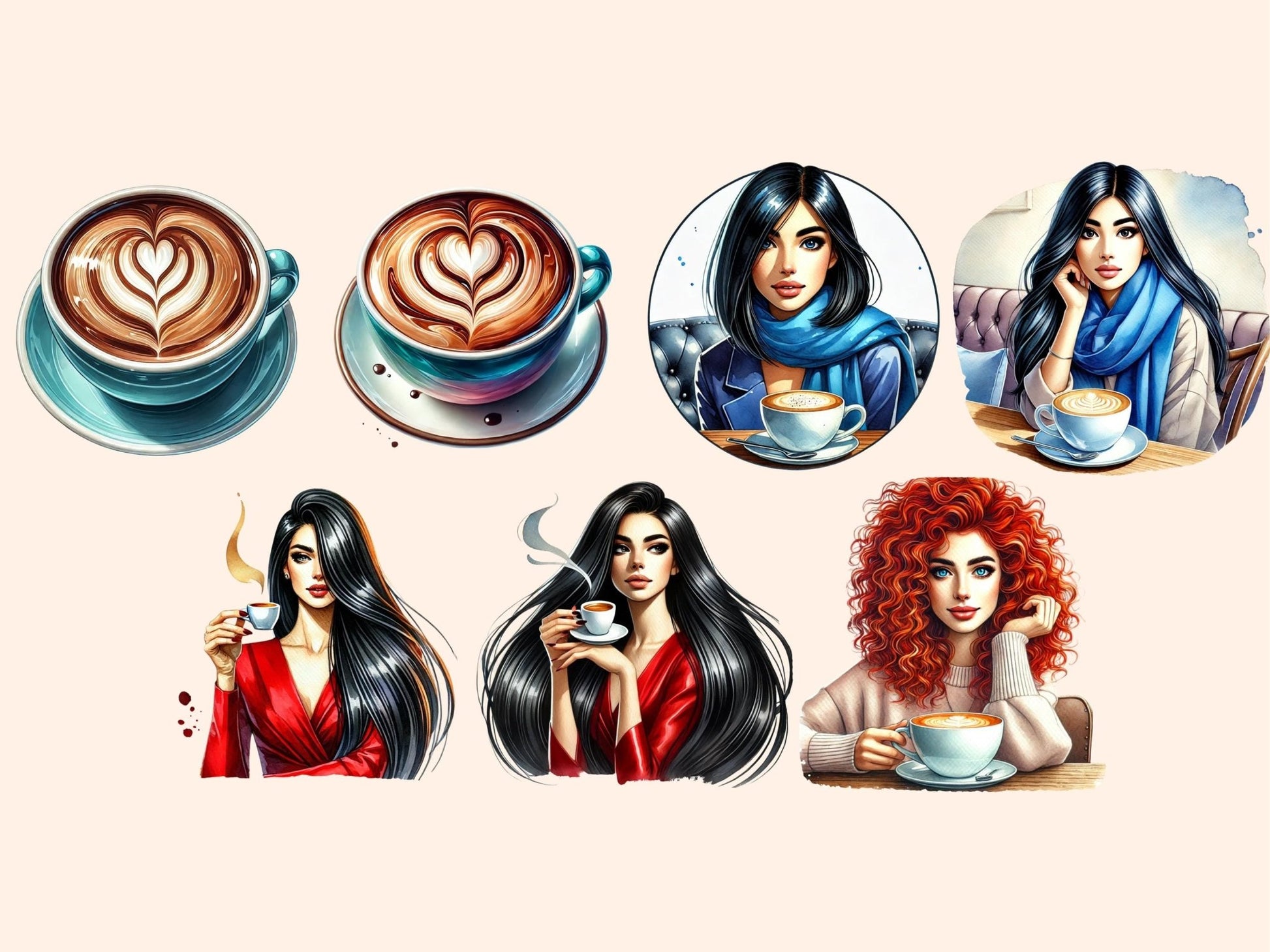 Coffee Shop Girls (P3) Clipart - High - Quality Instant Digital Download for Creative Projects