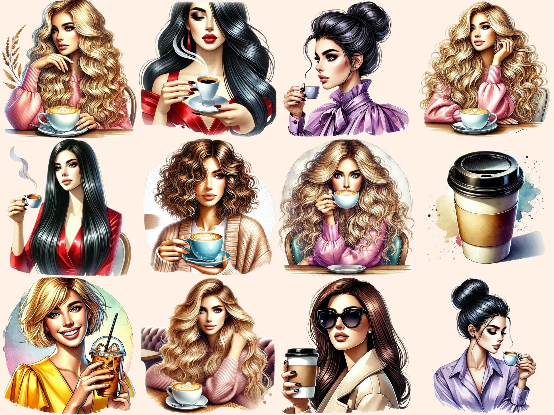 Coffee Shop Girls (P3) Clipart - High - Quality Instant Digital Download for Creative Projects