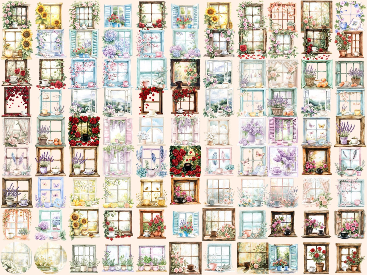 Coffee Windows Watercolor Clipart Bundle - High - Quality Instant Digital Download for Creative Projects