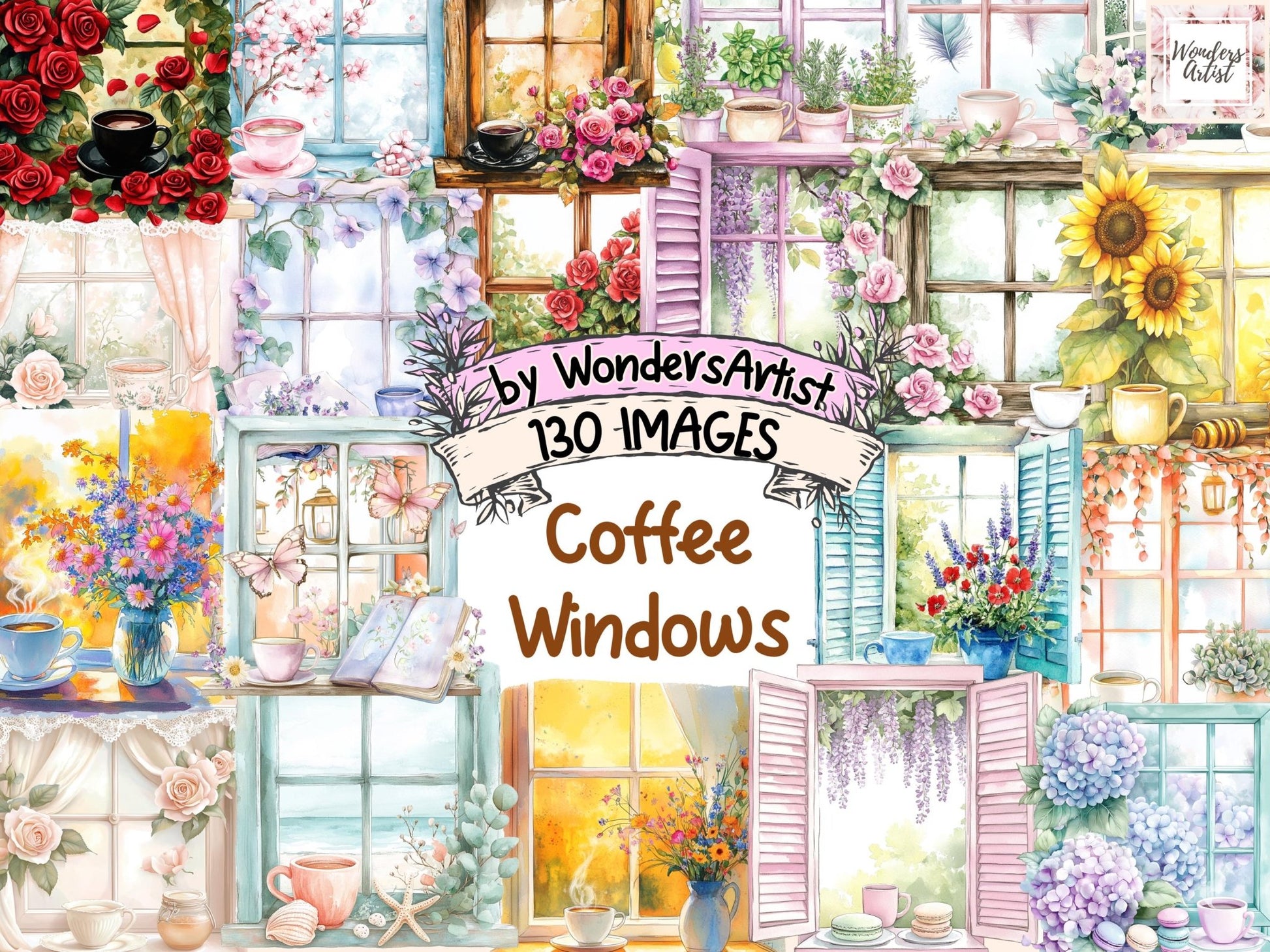 Coffee Windows Watercolor Clipart Bundle - High - Quality Instant Digital Download for Creative Projects