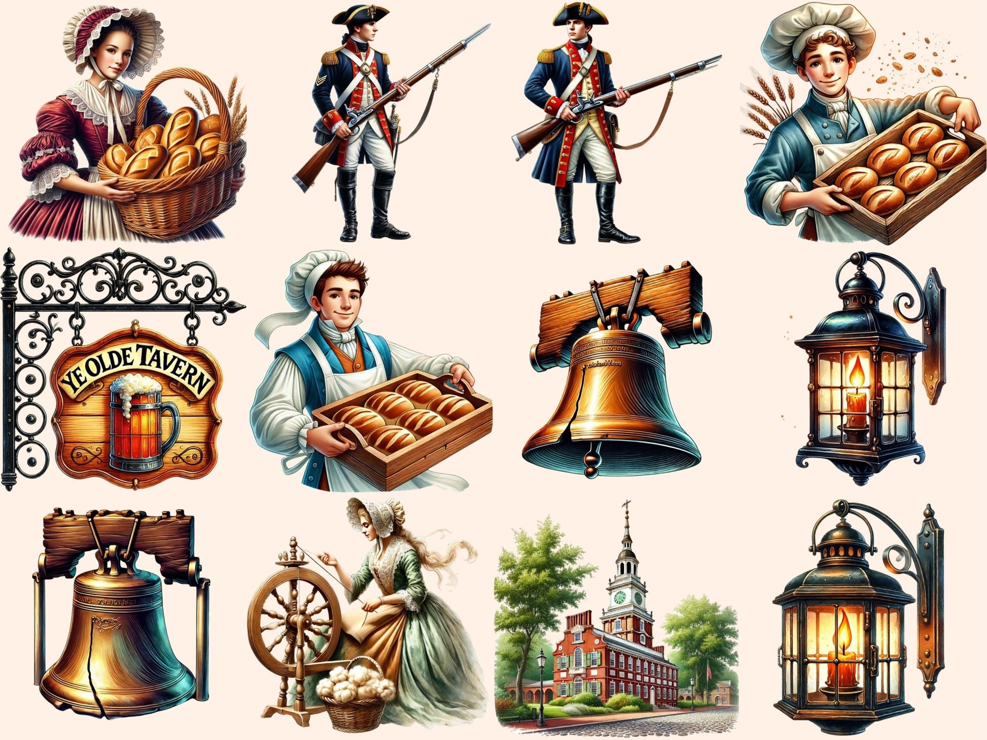 Colonial Clipart - High - Quality Instant Digital Download for Creative Projects