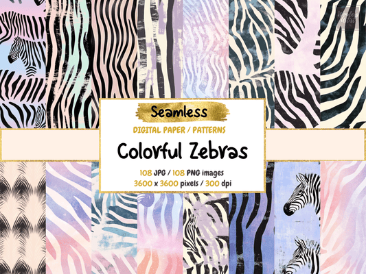 Colorful Zebras Digital Paper All Bundles Backgrounds Digital Paper - WondersArtist