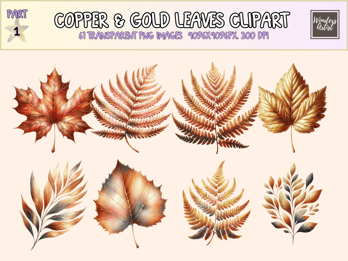 Copper & Gold Leaves Clipart All Bundles Clipart Line Art - WondersArtist