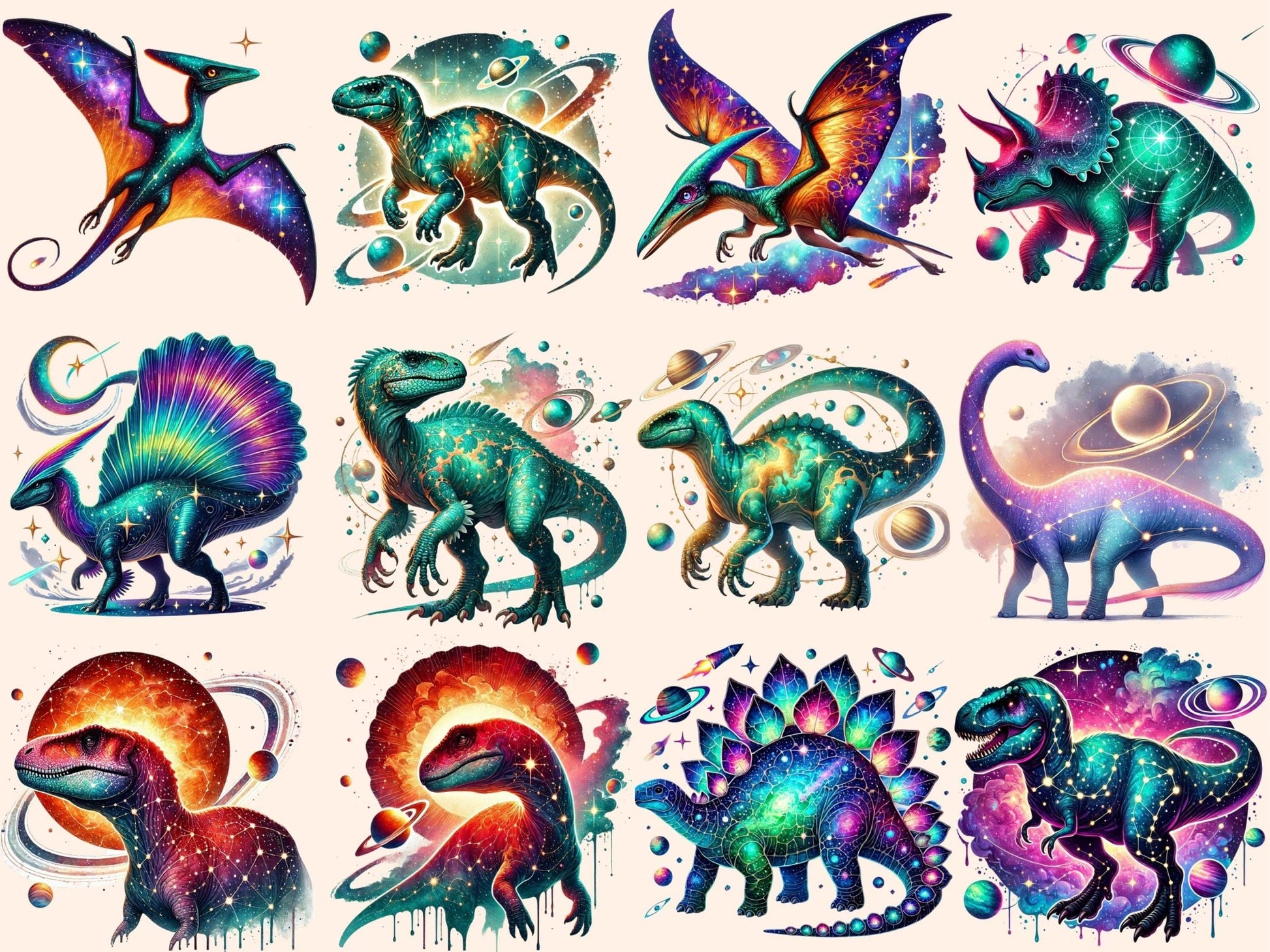 Cosmic Dinosaurs Clipart - High - Quality Instant Digital Download for Creative Projects