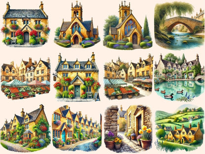 Cotswold Villages Clipart charming hamlet art - Wonders Artist