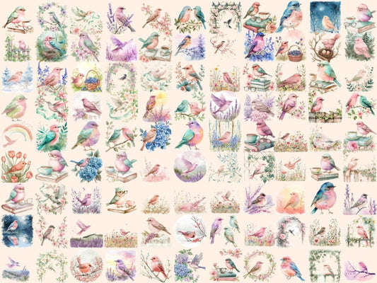 Cottagecore Fugle Akvarel Clipart