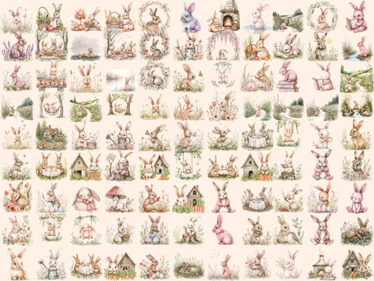 Cottagecore Kaniner Akvarel Clipart