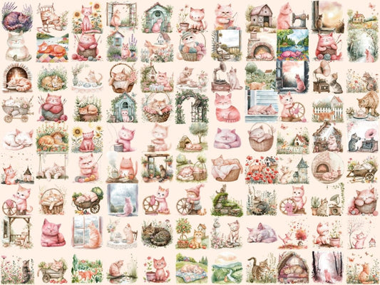 Cottagecore Cats Watercolor Clipart