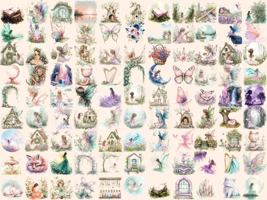 Clipart cu zâne cottagecore în acuarelă