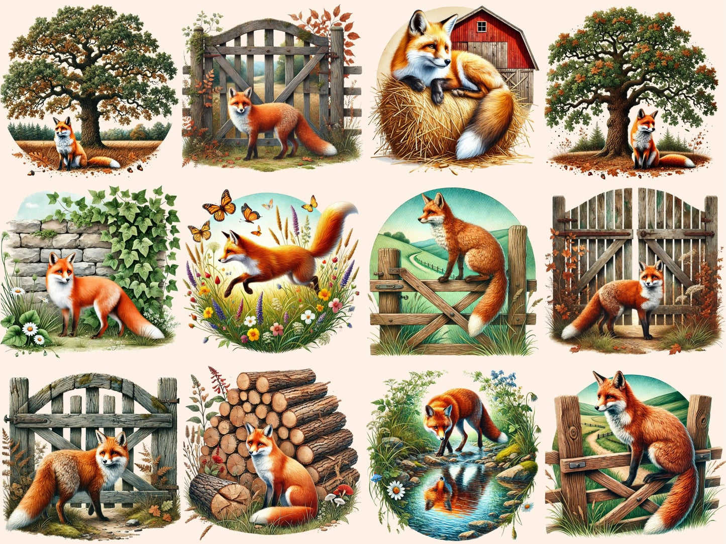 Country Foxes Clipart - High - Quality Instant Digital Download for Creative Projects