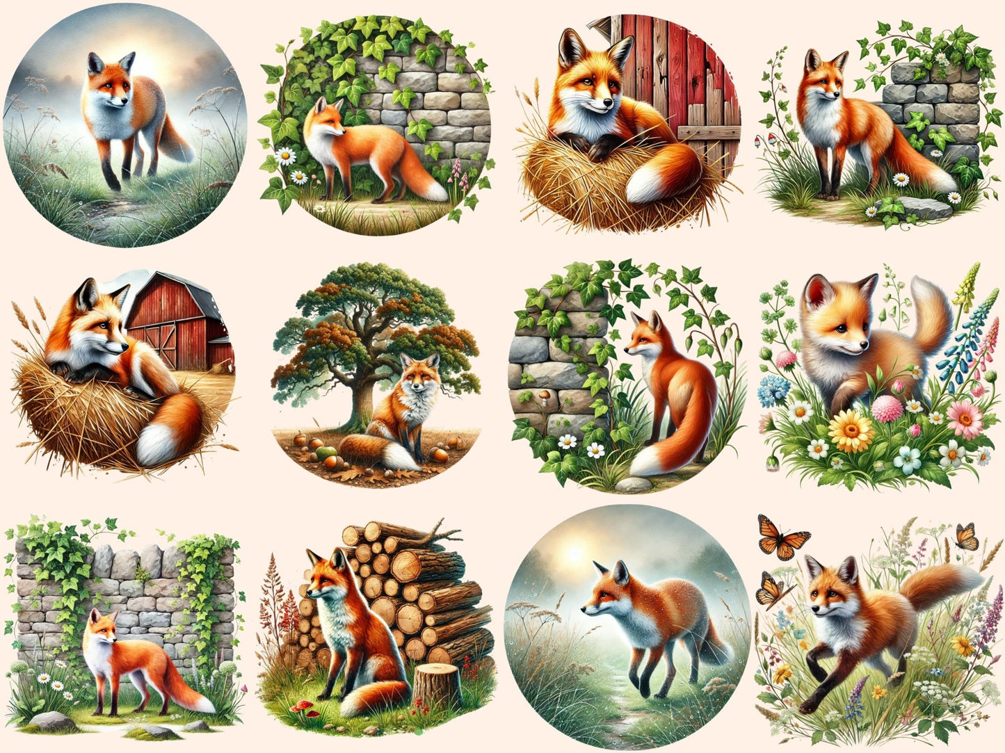 Country Foxes Clipart - High - Quality Instant Digital Download for Creative Projects