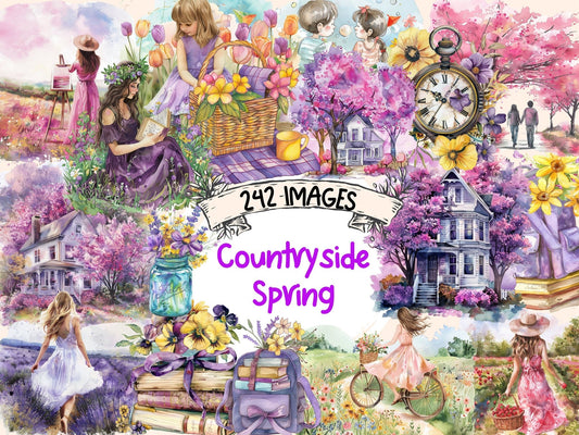 Countryside Spring Watercolor Clipart - High - Quality Instant Digital Download for Creative Projects