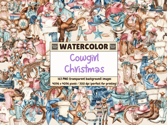 Cowgirl Christmas Watercolor Clipart All Bundles Clipart Line Art - WondersArtist