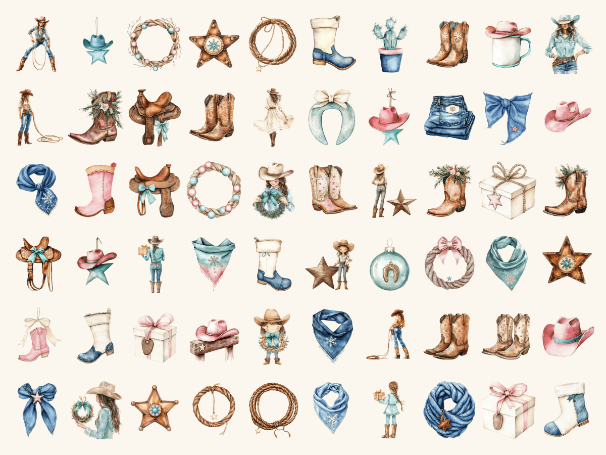 Cowgirl Christmas Watercolor Clipart All Bundles Clipart Line Art - WondersArtist