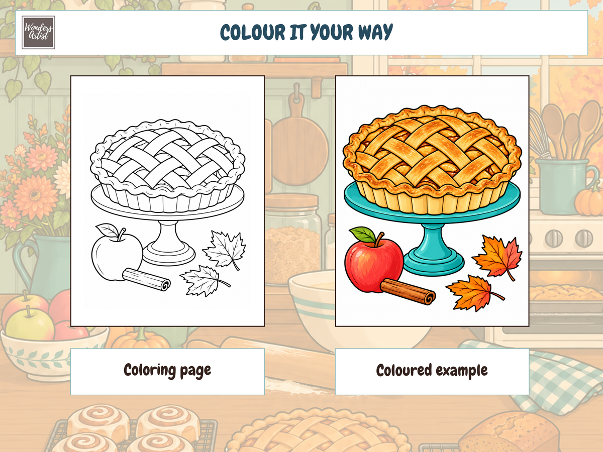 Cozy Autumn Baking Coloring Book — coloring page and example