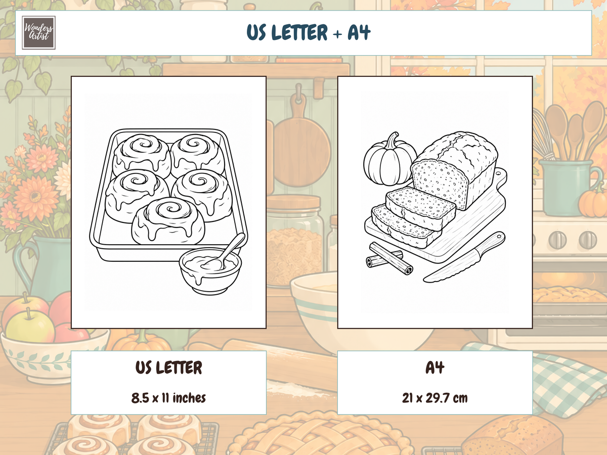 Cozy Autumn Baking Coloring Book — print sizes
