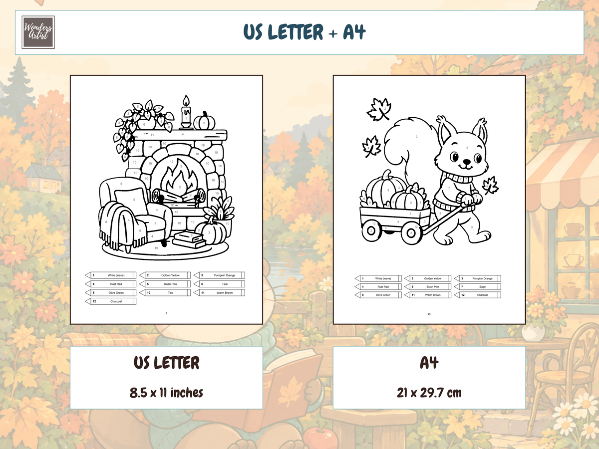 Cozy Autumn Color-by-Number Coloring Book — print sizes