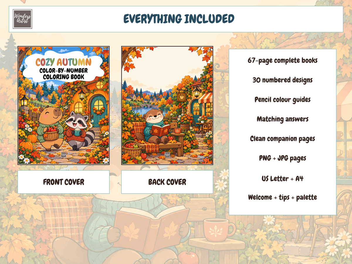 Cozy Autumn Color-by-Number Coloring Book — whats included