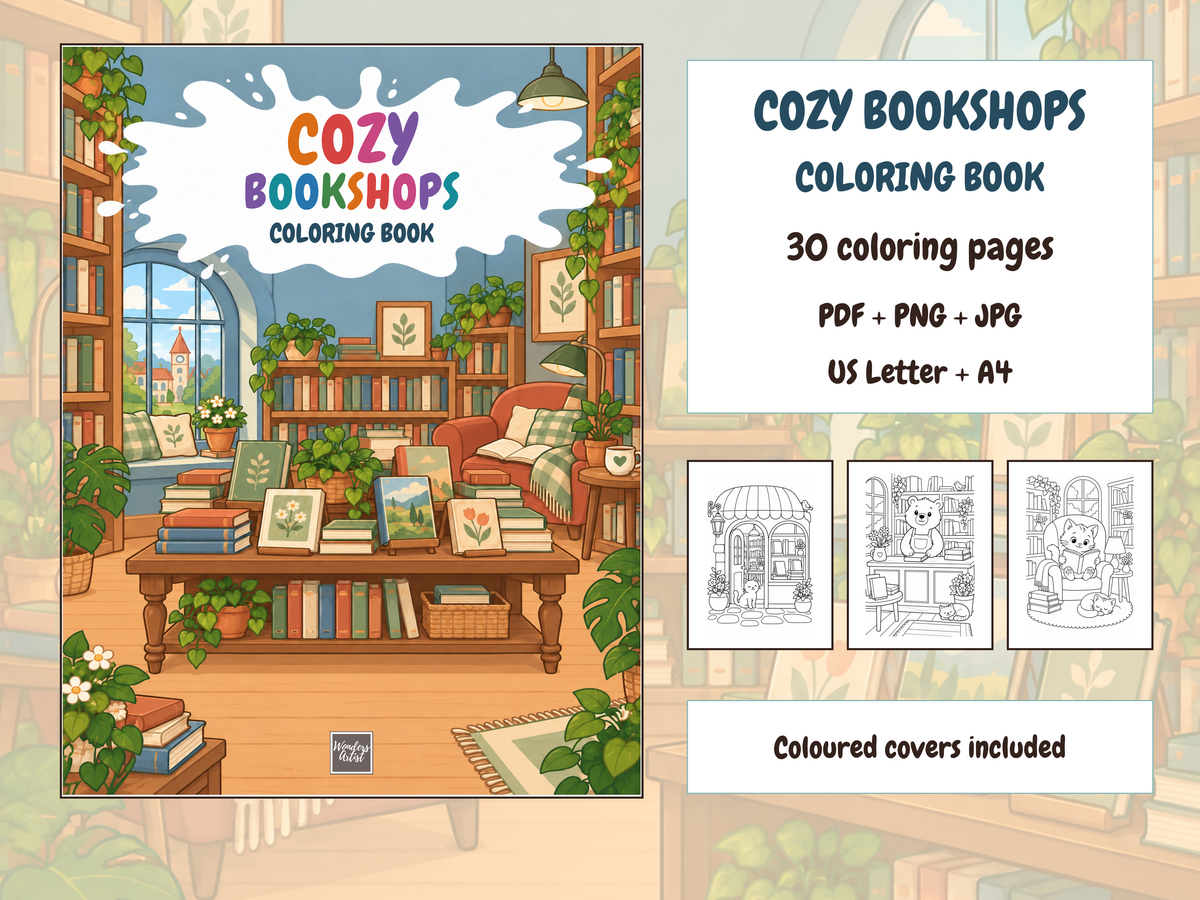 Cozy Bookshops Coloring Book — bundle preview