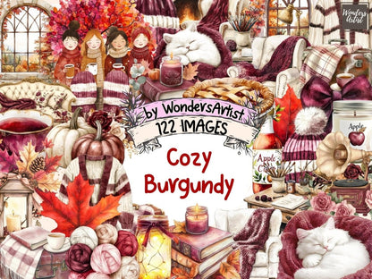 Cozy Burgundy Watercolor Clipart Autumn Burgundy Art - Wonders Artist