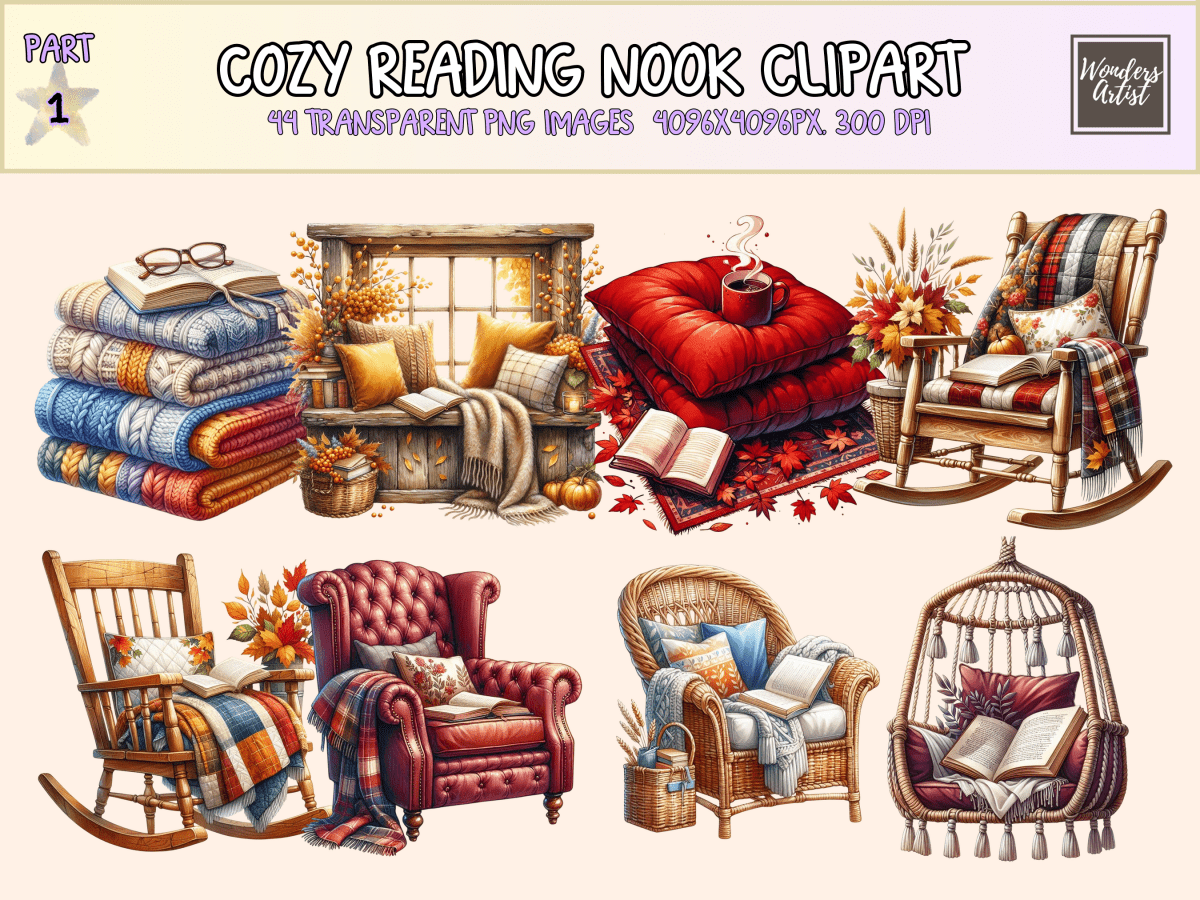 Cozy Reading Nook Clipart All Bundles Clipart Line Art - WondersArtist