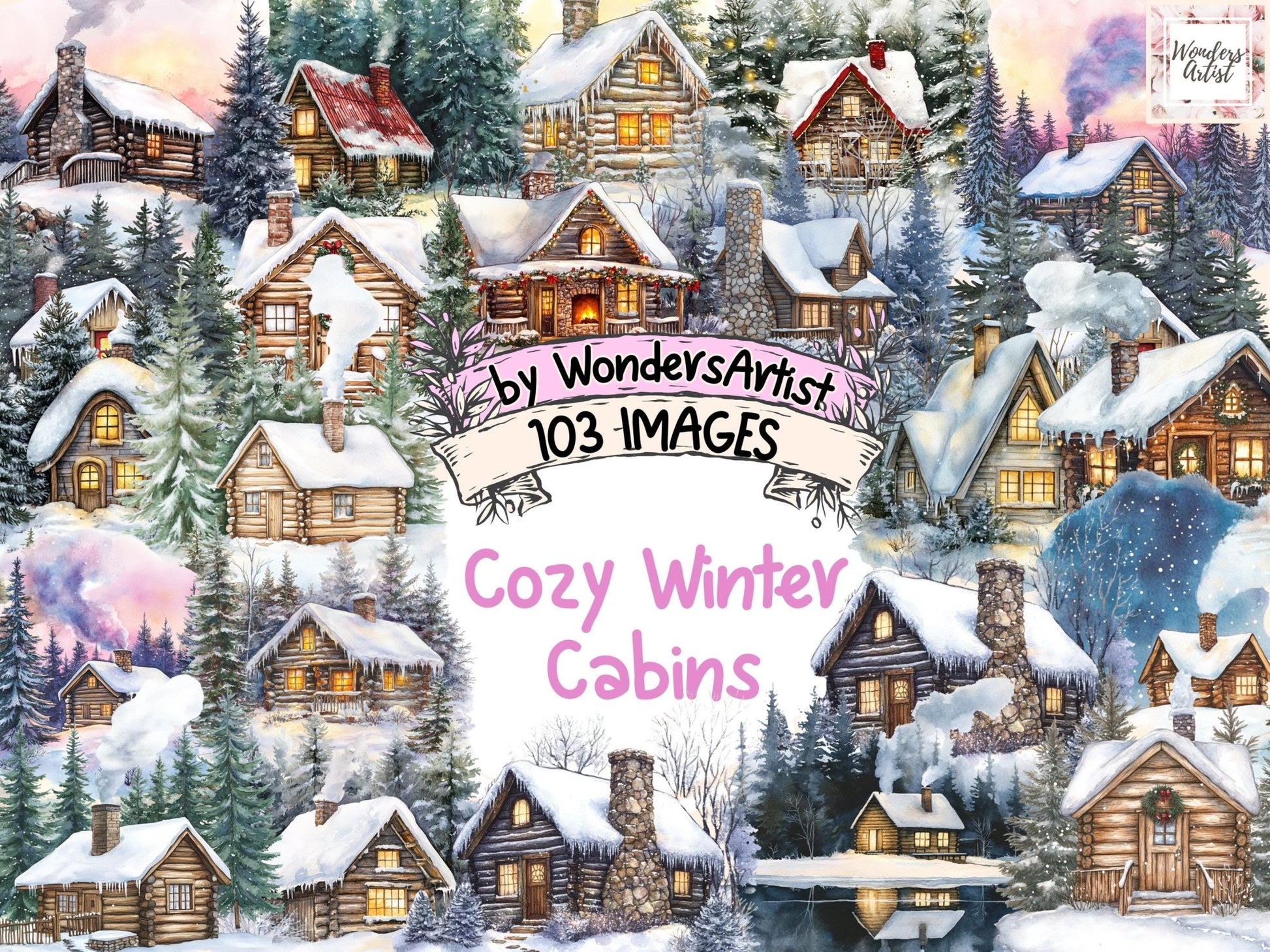 Cozy Winter Cabins Watercolor Clipart Bundle - High - Quality Instant Digital Download for Creative Projects