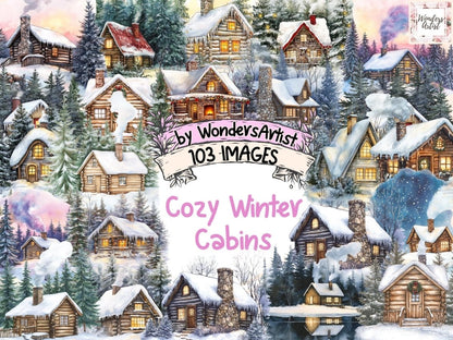 Cozy Winter Cabins Watercolor Clipart Cabin Clipart - Wonders Artist