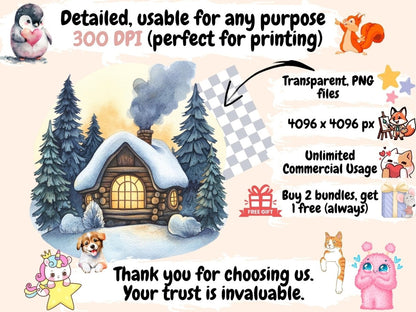 Cozy Winter Cabins Watercolor Clipart Cabin Clipart - Wonders Artist