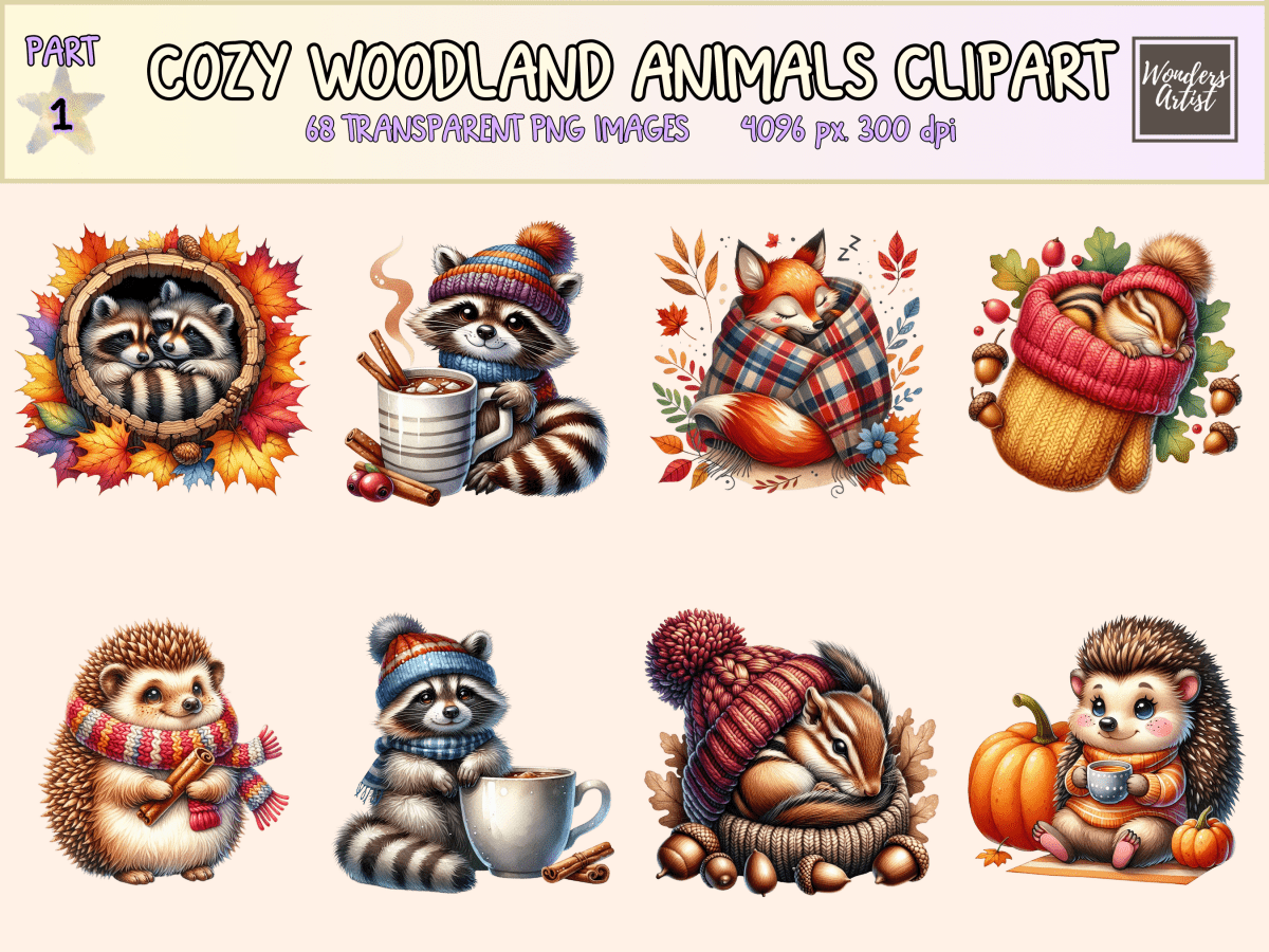 Cozy Woodland Animals Clipart All Bundles Clipart Line Art - WondersArtist