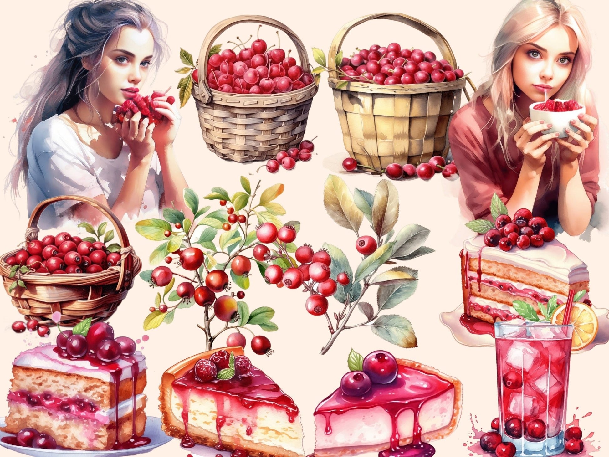 Cranberries Watercolor Clipart - High - Quality Instant Digital Download for Creative Projects