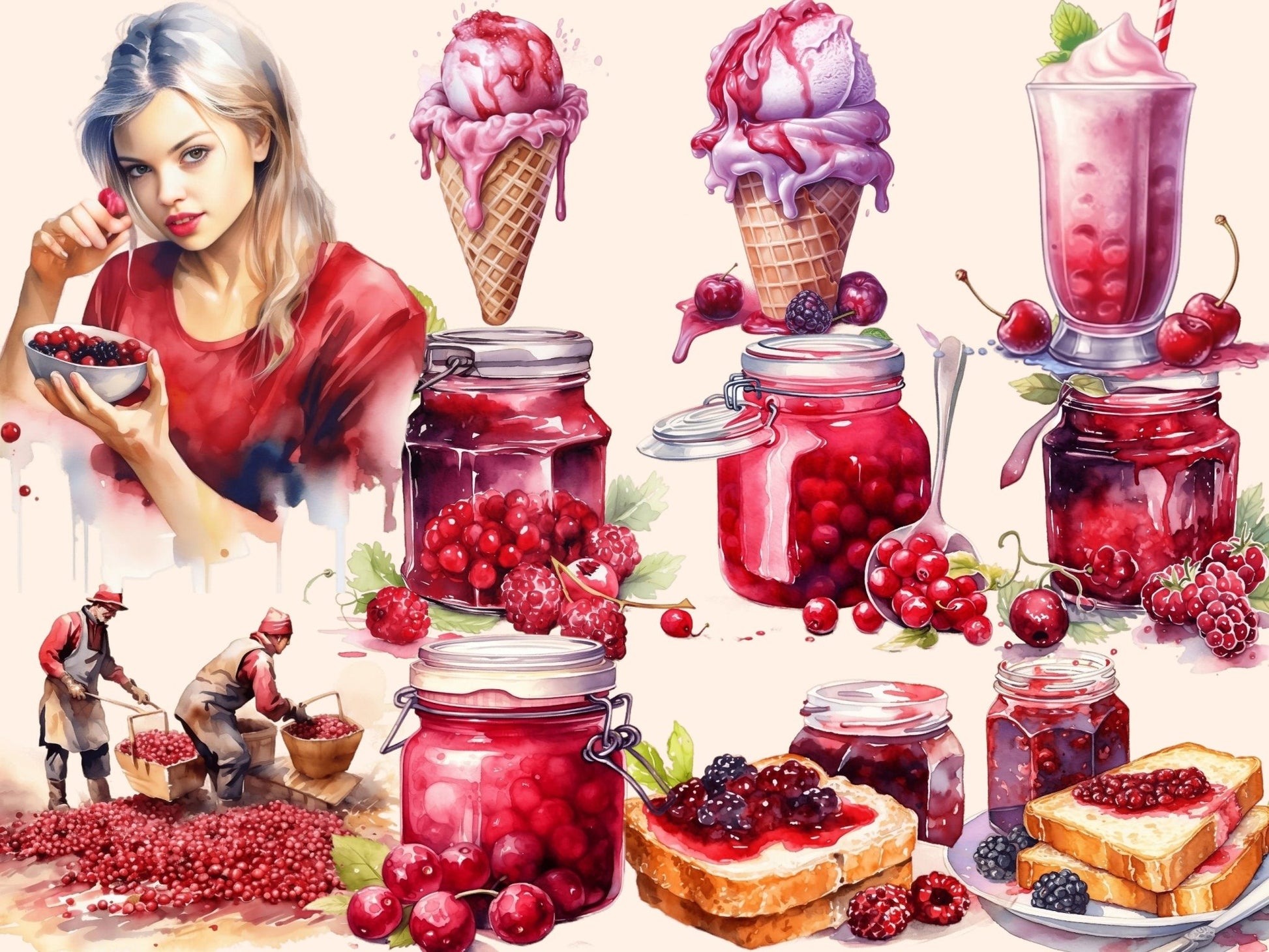 Cranberries Watercolor Clipart - High - Quality Instant Digital Download for Creative Projects