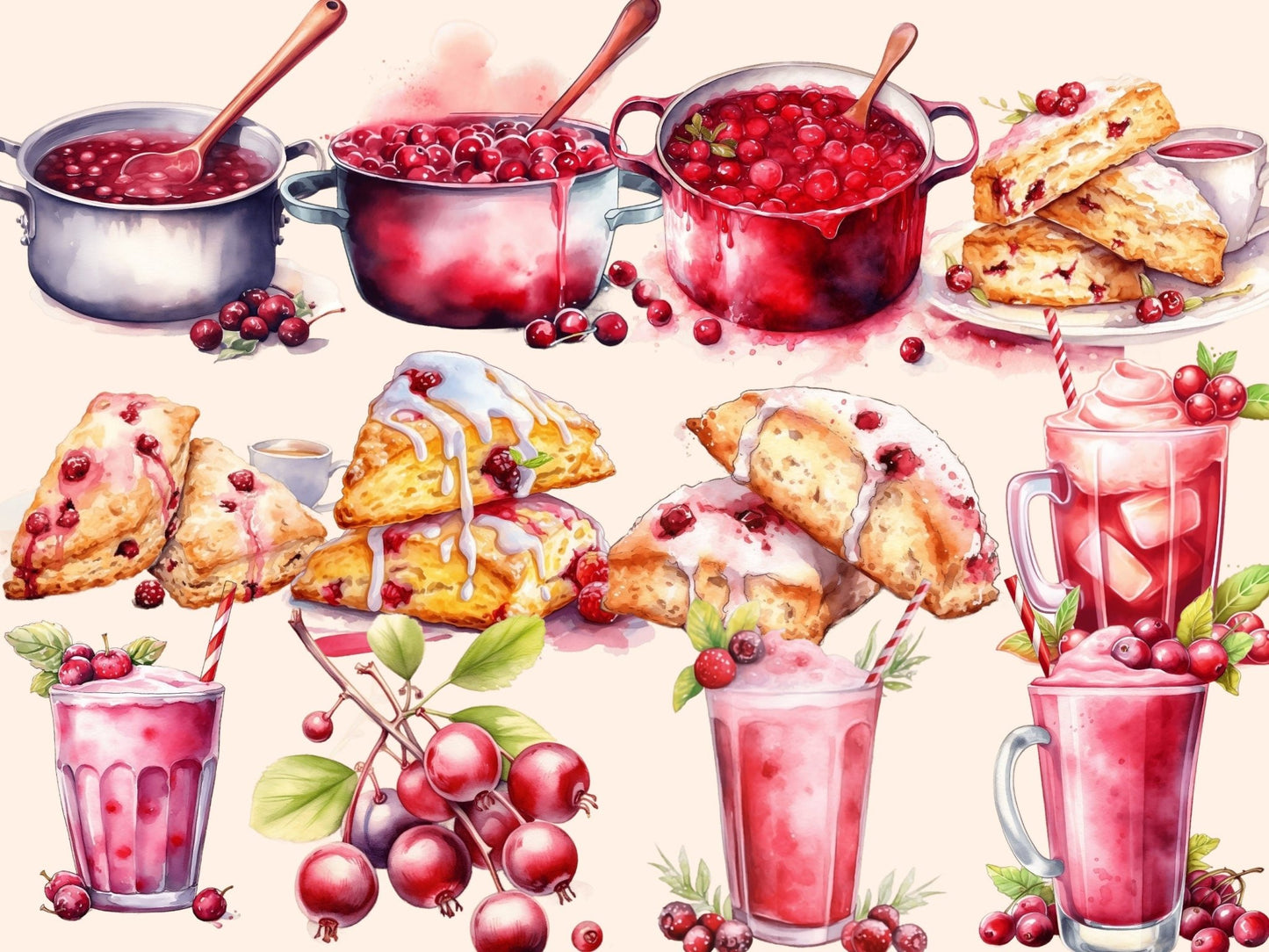 Cranberries Watercolor Clipart - High - Quality Instant Digital Download for Creative Projects