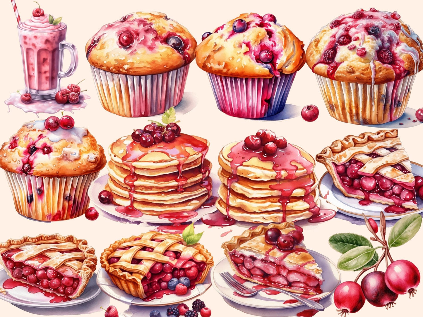 Cranberries Watercolor Clipart - High - Quality Instant Digital Download for Creative Projects