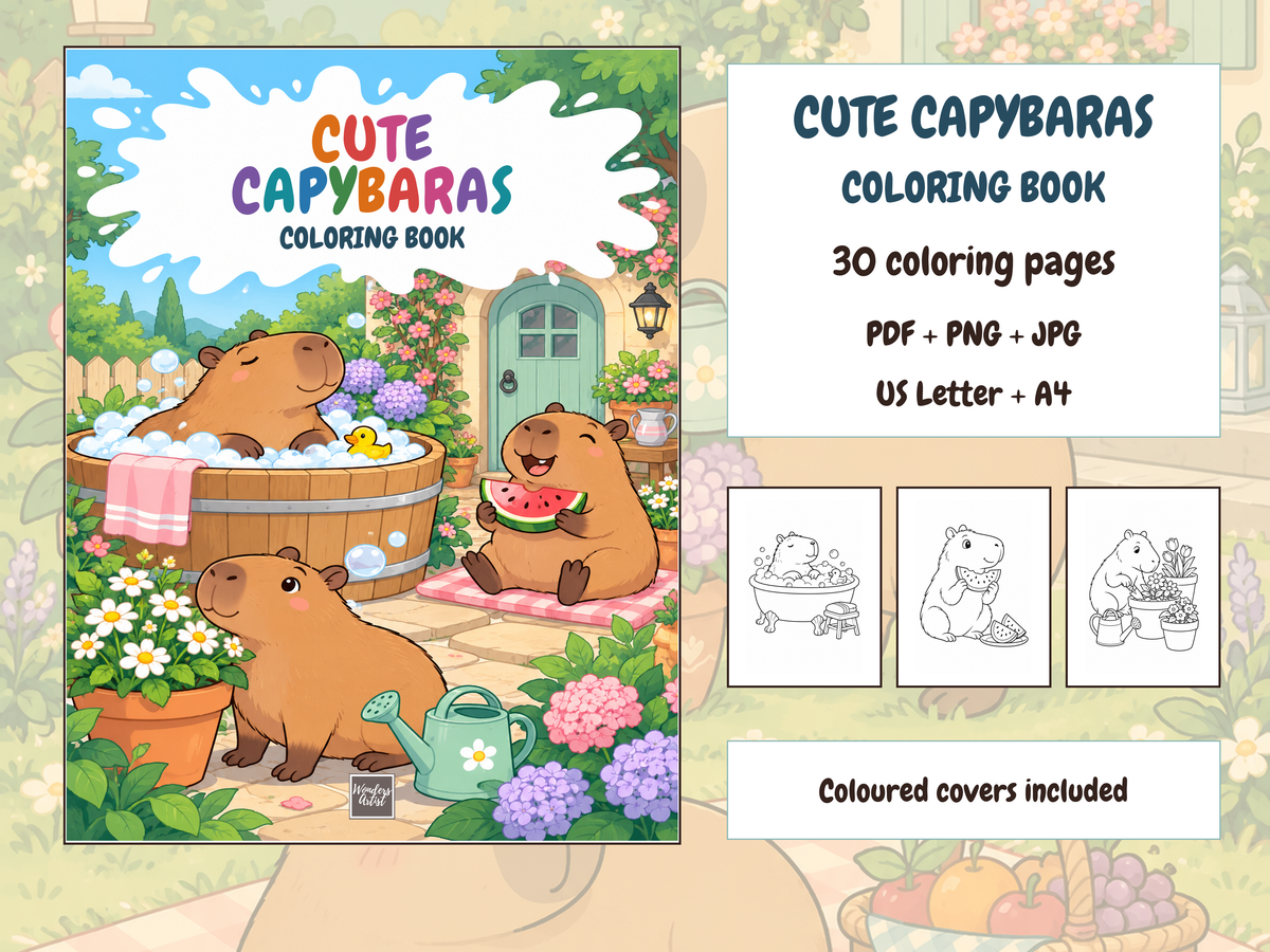 Cute Capybaras Coloring Book — complete digital bundle