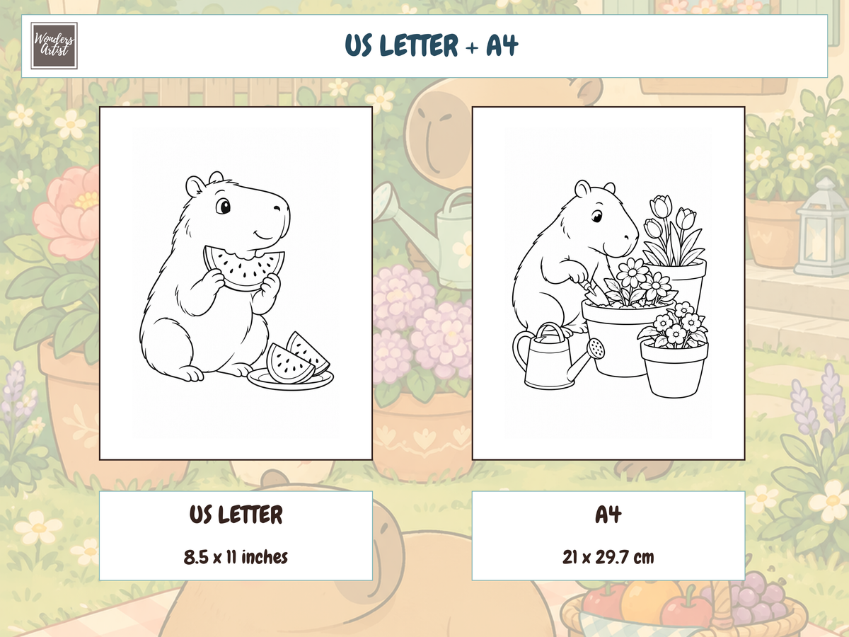 Cute Capybaras Coloring Book — print sizes
