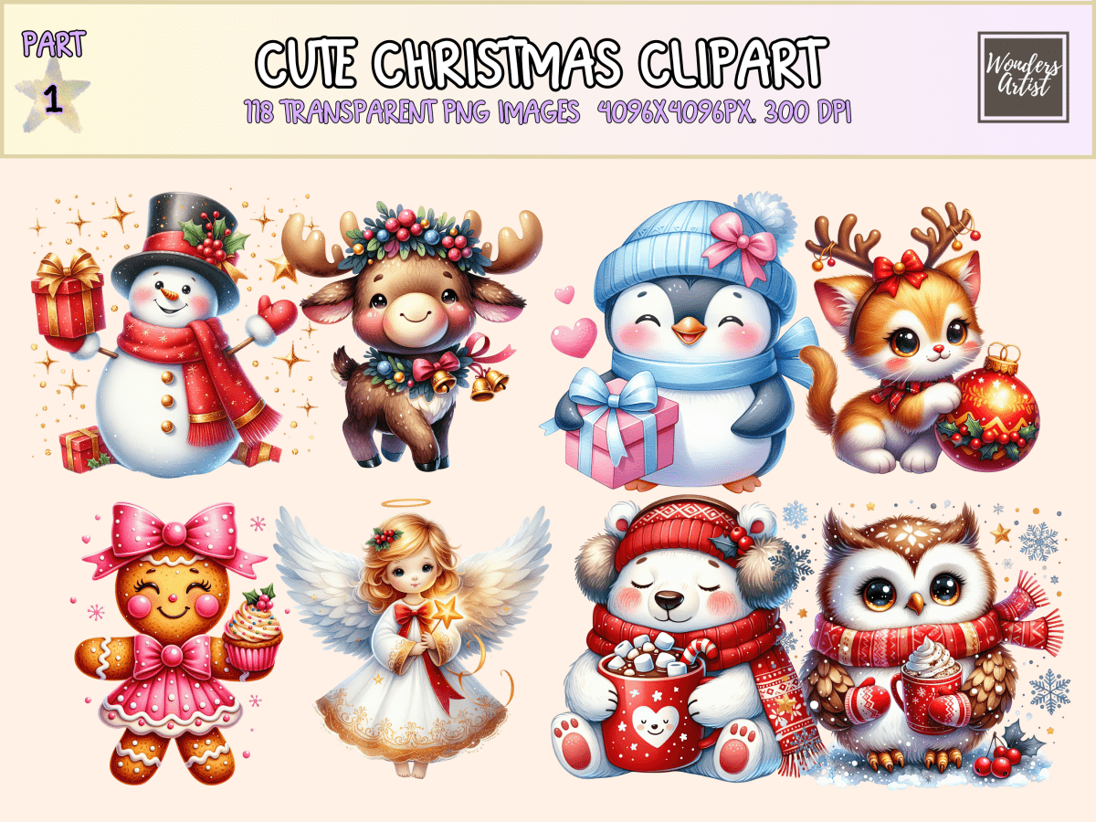 Cute Christmas Clipart All Bundles Clipart Line Art - WondersArtist
