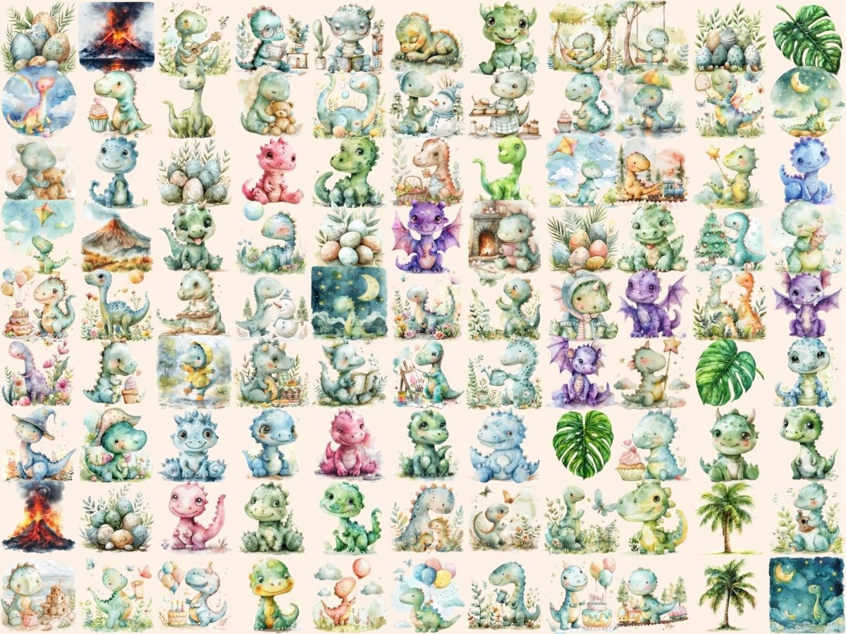 Cute Dinosaurs Watercolor Clipart Adorable Dinosaurs - Wonders Artist