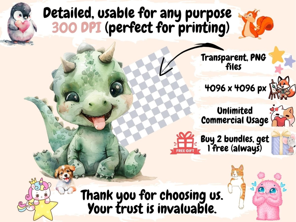 Cute Dinosaurs Watercolor Clipart Adorable Dinosaurs - Wonders Artist