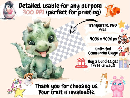 Cute Dinosaurs Watercolor Clipart Adorable Dinosaurs - Wonders Artist