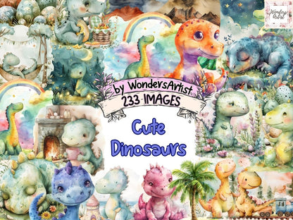 Cute Dinosaurs Watercolor Clipart Adorable Dinosaurs - Wonders Artist