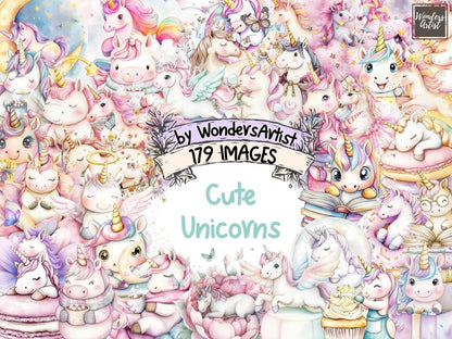 Cute Unicorns Watercolor Clipart adorable unicorn png baby unicorn png cute unicorns png - WondersArtist