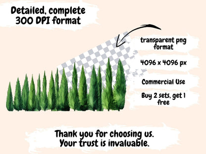 Cypress Trees Watercolor Clipart - High - Quality Instant Digital Download for Creative Projects