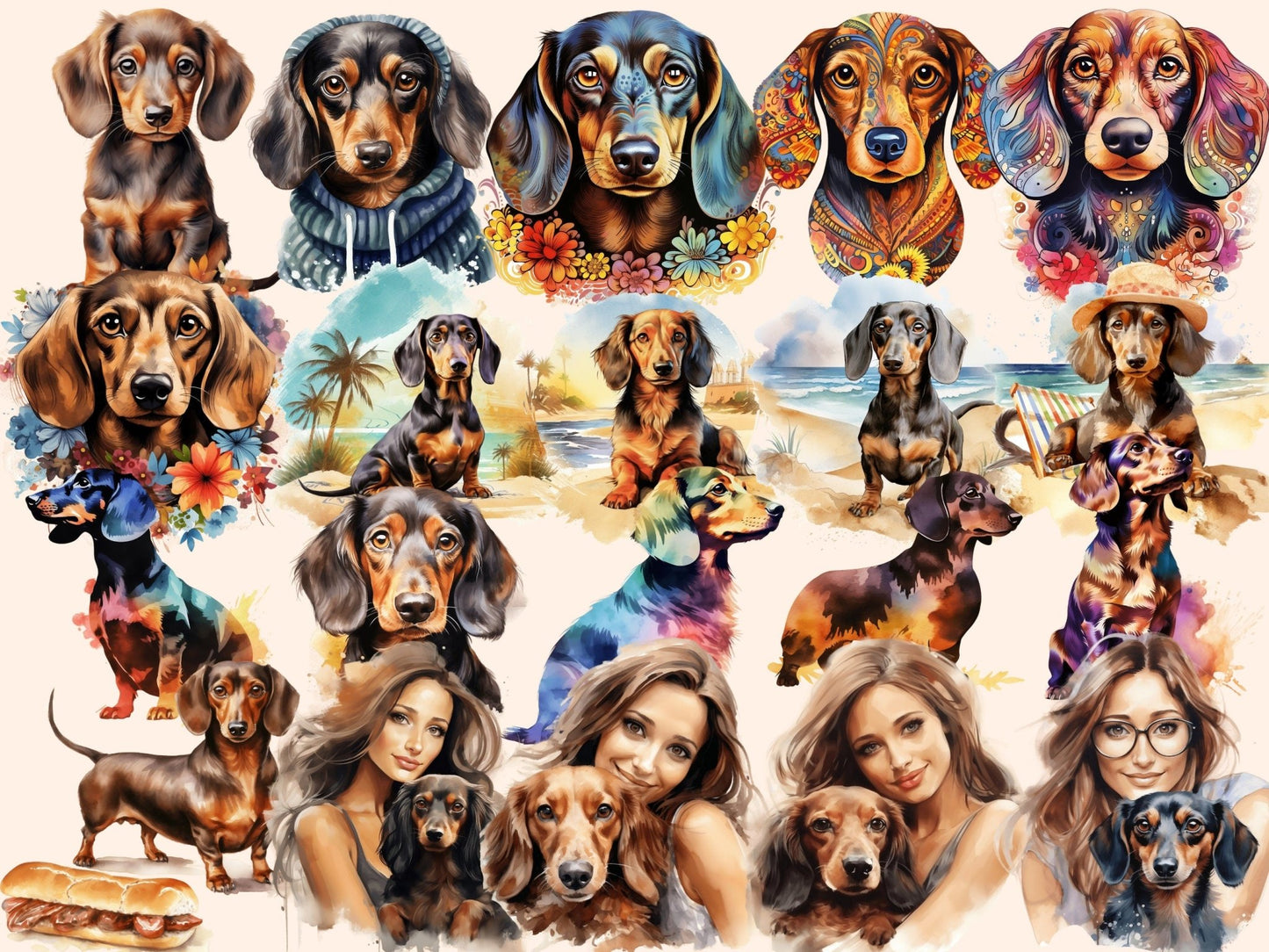 Dachshunds Watercolor Clipart - High - Quality Instant Digital Download for Creative Projects