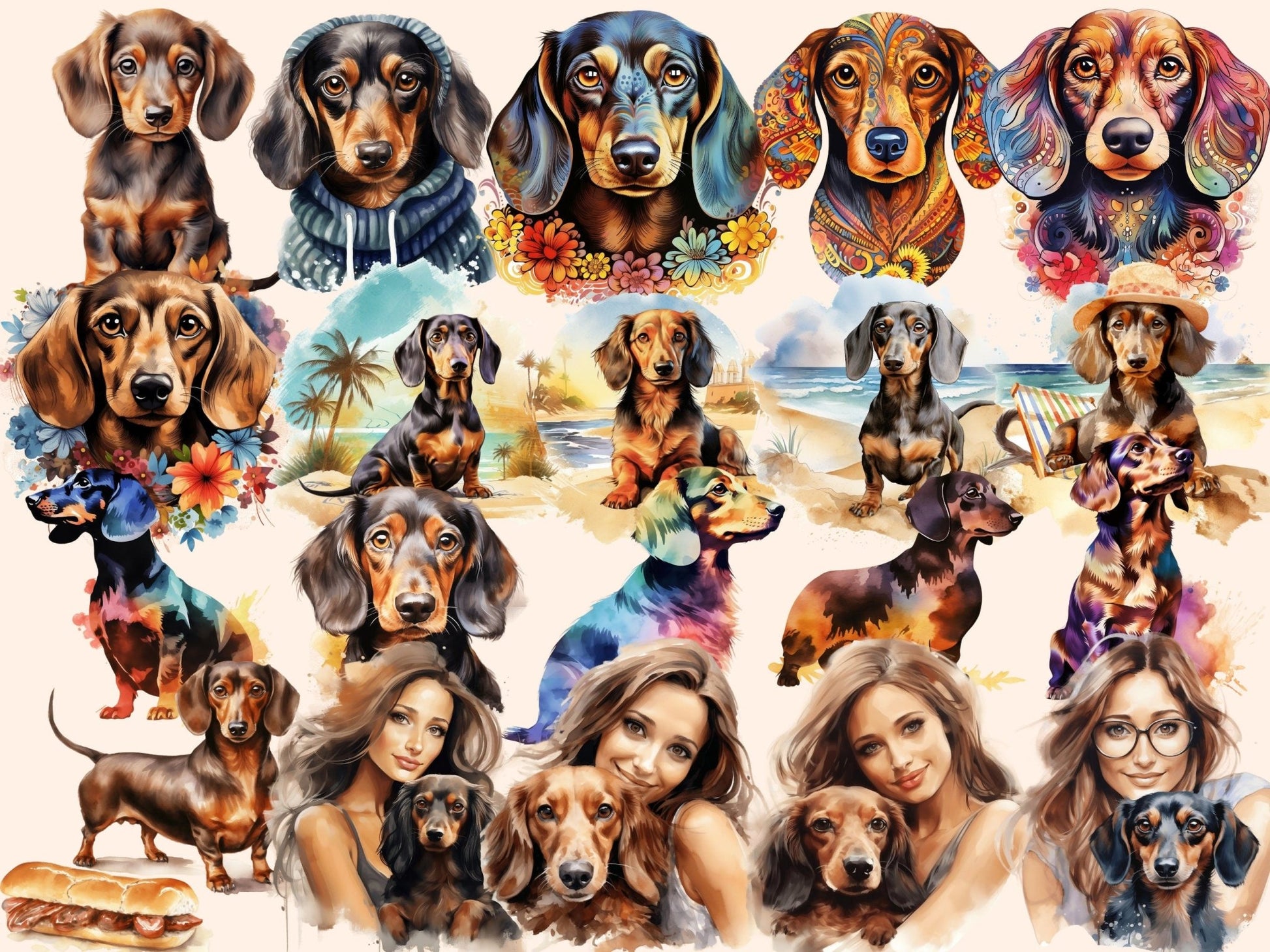 Dachshunds Watercolor Clipart - High - Quality Instant Digital Download for Creative Projects